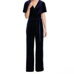 Alex Marie Beth Navy Velvet Jumpsuit Size 14 Faux Wrap Cap Sleeve